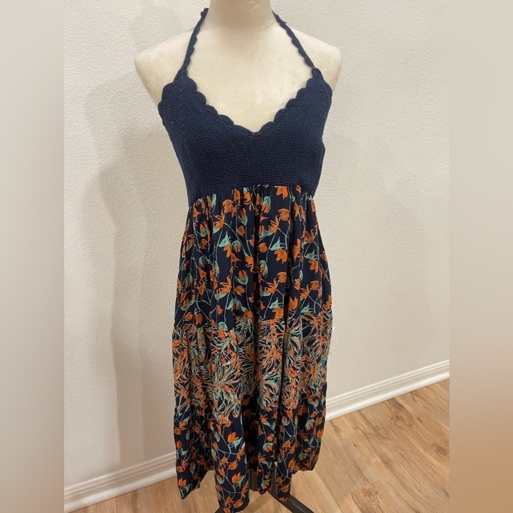 Anthropologie Raga Boho Knitted Crochet Peasant Halter Midi Backless Dress Small
